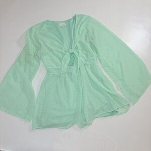 Altar'd State Mint Green Swiss Dot Romper Womens Small Tie Front Long Sleeve Boh